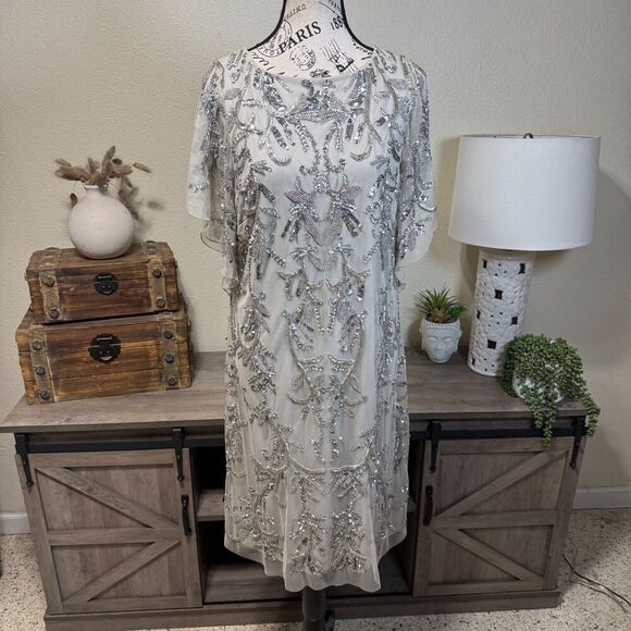 Johnny Was Silver Sequin Cocktail Mini Formal Dress Size 12 Flutter Sleeve Glitz - Picture 2 of 13